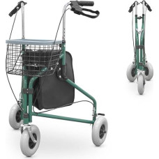 QUIRUMED Folding 3 Wheel Walker with Basket and Backpack, Brakes on Handles, Height Adjustable, Green Colour, Elderly, Disabled, Lightweight