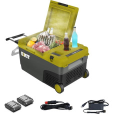 EXIT 20V lauko mini šaldytuvas EX100, baterijomis maitinamas šaldytuvas, veikiantis nuo -20 °C iki 20 °C, 12/24 V nuolatinės srovės ir 100~240 V kintamosios srovės, idealiai tinka stovyklavimui ir BBQ vakarėliams. Į komplektą įeina du 4,0 Ah akumuliatoria