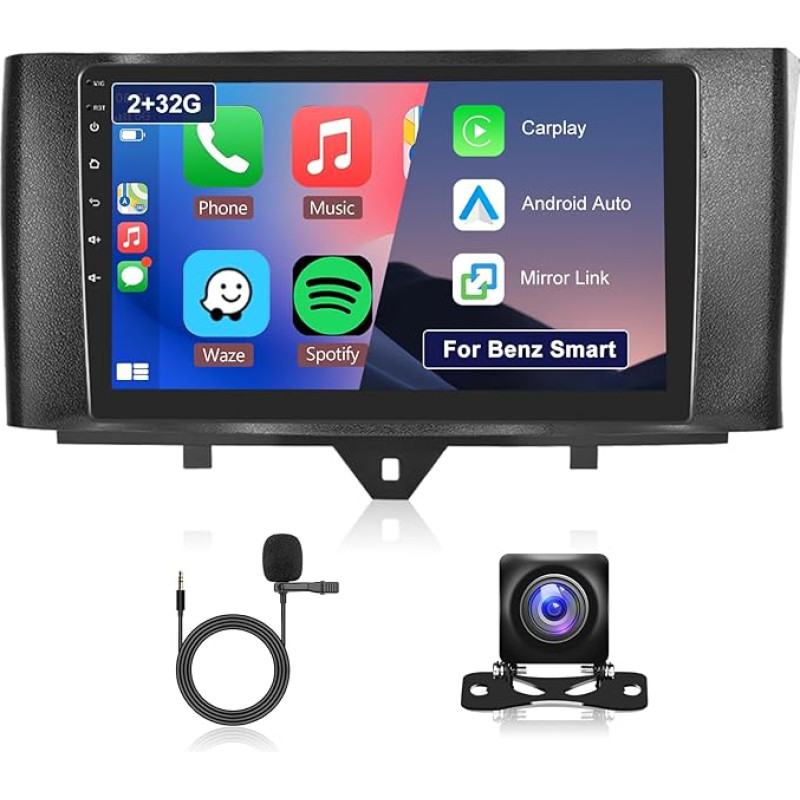 Hodozzy 2G 32G Android Car Radio for Mercedes-Benz Smart Fortwo 2011-2015, Carplay Android Car, Radio 9 Inch Touchscreen Navigation WiFi Bluetooth HiFi FM RDS Reversing Camera Radio for Mercedes Smart