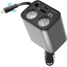 Retractable Car Charger, 5 in 1 Cigarette Lighter Splitter Fast Charging 147 W, for iPhone Cables, USB Ports and 2-Socket Cigarette Lighter Adapter for GPS/Dash Cam/iPad/iPhone 14/13/12/11/X