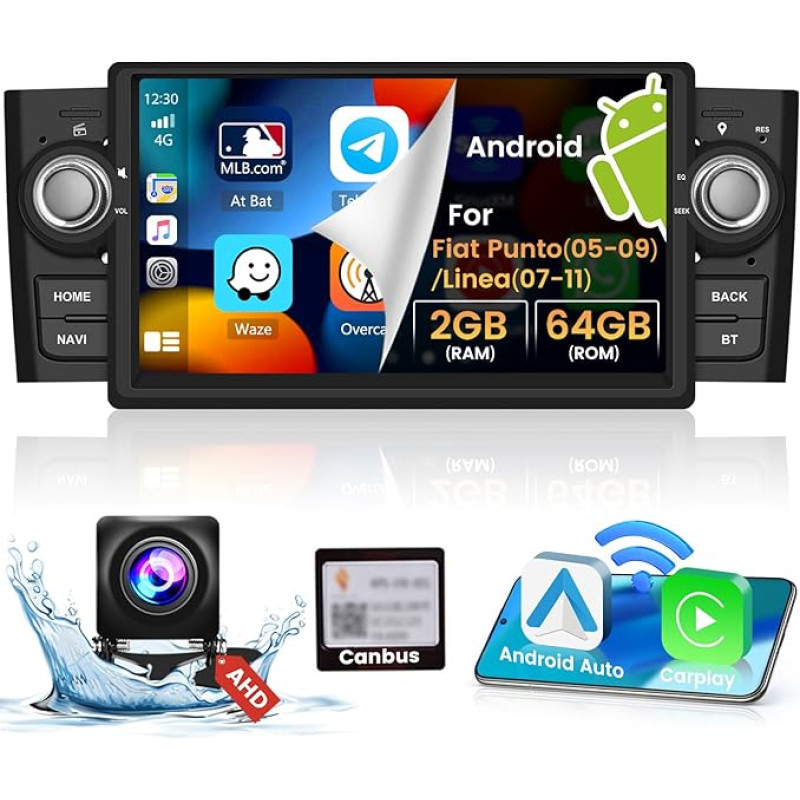 Hikity 2G + 64G Android 13 Car Radio for Fiat Punto 2005-2009/Linea 2007-2011 with 7 Inch Touchscreen Car Radio, Wireless Carplay and Android Car, with GPS Mirror Link SWC FM/RDS MIC Reversing Camera