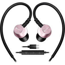 Hmusic Sports Earphones with Microphone Wired, USB Type C Metal Shell Earplugs In-Ear Headphones with Over Ear Hook Earphones for Sports, Running, Training, Exercise, Gym (Pink)