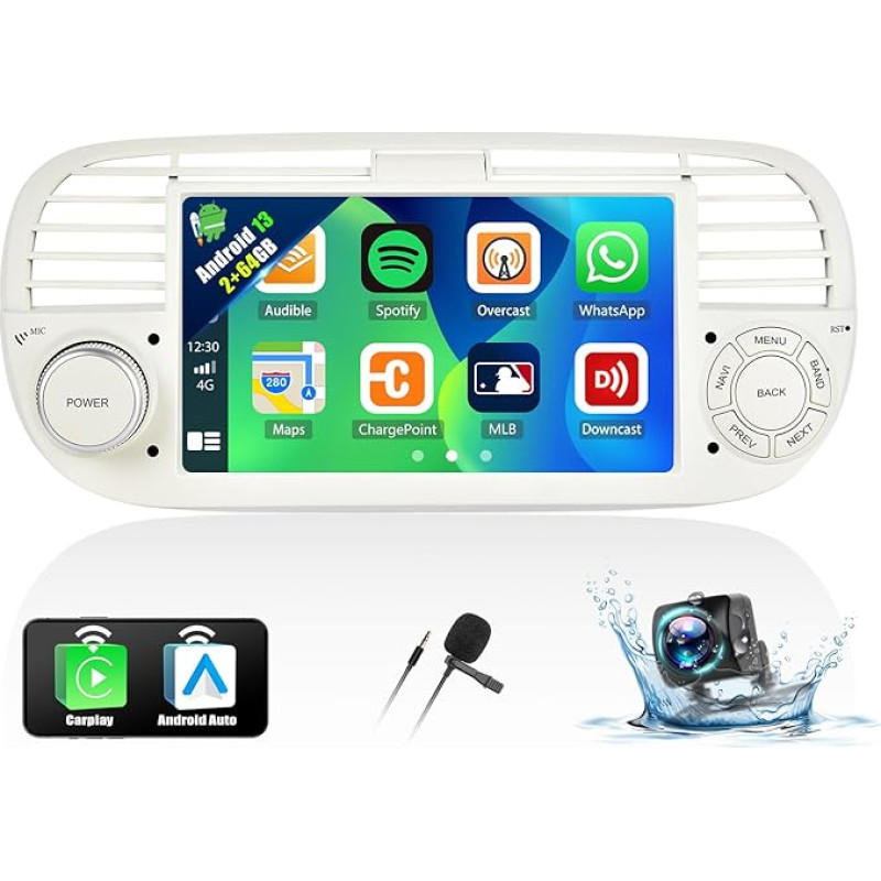 OiLiehu 2+64G Android 13 Car Radio 2DIN for Fiat 500 2007-2015 with Wireless CarPlay Android Car, 7 Inch Screen with Navigation Bluetooth GPS FM RDS WiFi SWC EQ+ Reversing Camera, Silver