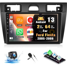 CAMECHO 2G+64GAndroid 13 Car Radio for Ford Fiesta 2005-2008 Wireless CarPlay Android Car, 9 Inch Screen Car Radio with Bluetooth GPS Sat NAV HiFi WiFi FM RDS SWC+ Reversing Camera