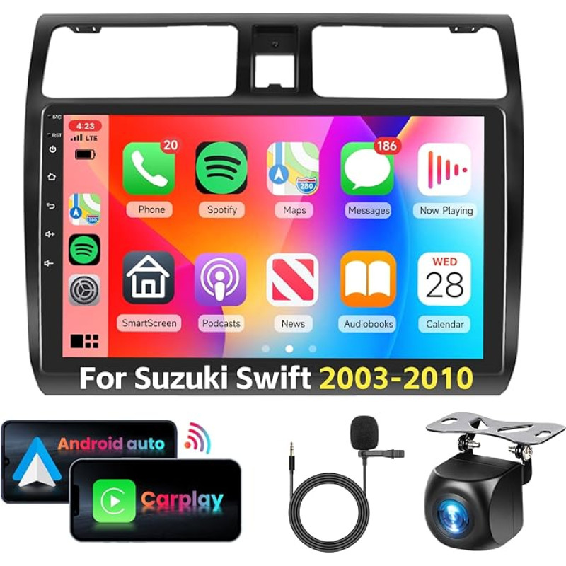 Podofo 10 Inch Car Radio for Suzuki Swift 2003-2010 Wireless Carplay Android Car Mirror Left, Android 13 Radio 2 DIN Bluetooth with Touchscreen with WiFi / GPS Navigation + AHD Rear View Camera