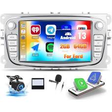 OiLiehu 2G + 64G Android 13 Double DIN Radio for Ford Focus Mondeo C-MAX S-MAX Galaxy Kuga Carplay Android Car Radio with Screen 7 Inch with EQ/Bluetooth/SWC/FM RDS/WiFi/GPS/Rear View Camera