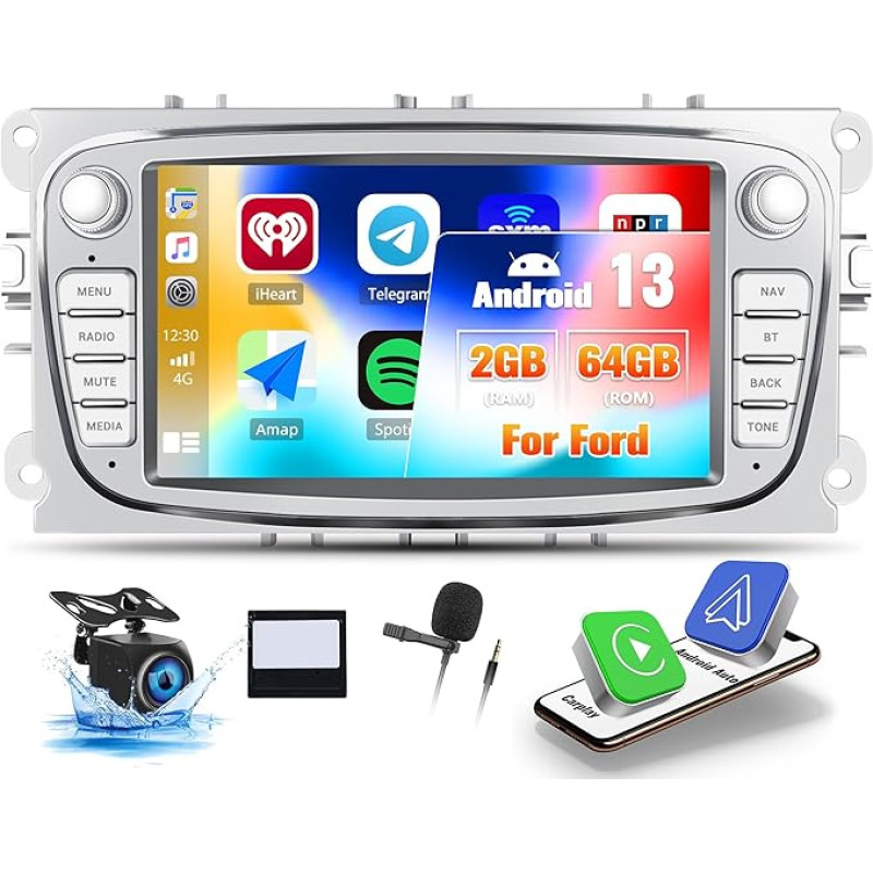 OiLiehu 2G + 64G Android 13 Double DIN Radio for Ford Focus Mondeo C-MAX S-MAX Galaxy Kuga Carplay Android Car Radio with Screen 7 Inch with EQ/Bluetooth/SWC/FM RDS/WiFi/GPS/Rear View Camera