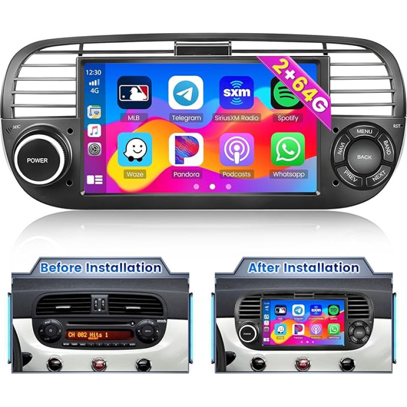 Hikity 2024 New 2G/64G for Fiat 500 2007 2008 2009 2010 2011 2012 2013 2014 2015 Android Car Radio with Wireless CarPlay Android Car 7 Inch Touchscreen RDS FM Radio GPS USB SWC Mic Rear View Camera