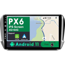 JOYX PX6 Android 11 Car Radio Suitable for Peugeot 208/2008 (2012-2018) - [4G + 64G] - Camera Free - 2 DIN 10.1 Inch - Supports DAB Steering Wheel Control 4G WiFi BT Android Car Carplay HDMI 4K Video