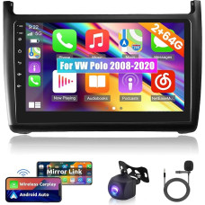 NHOPEEW 2 + 64G Android Car Radio for VW Polo 2008-2020 with Carplay and Android Car - 9 Inch Touchscreen Car Radio - WiFi GPS SWC + Reversing Camera & Mic