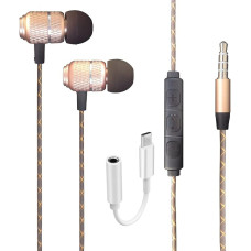 In Ear Headphones for Google Pixel 6A Wired Bass Stereo In-Ear Headphones, USB-C to 3.5mm Jack Adapter Included, Headset Earbuds with Volume Control (Gold)