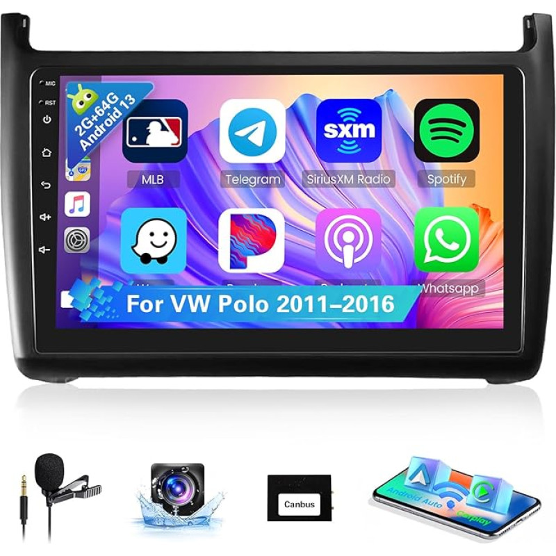 [8Cores 2G + 64G] Hikity Car Radio Navigation System for VW Polo 2011-2016 Android 13 Touch Display with FM RDS 32EQ 59UI Wireless Carplay Android Car 9 Inch Screen GPS WiFi Bluetooth Mirror Link