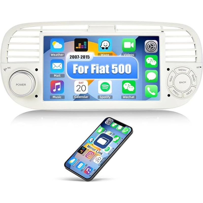 CAMECHO Android 13 Car Radio for Fiat 500 (2007-2015) with Navi Bluetooth, 7 Inch Car Radio Touch Display with FM/RDS Mirror Link WiFi and USB (White