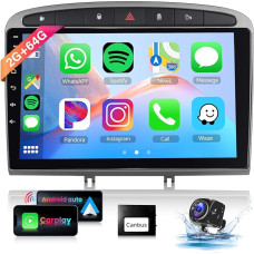 Hodozzy Carplay/Android Car Radio for Peugeot 408/308/308 SW 2007-2015 with Sat Nav, 9 Inch Touchscreen with Mirror Link/WiFi/GPS/RDS/FM/Bluetooth/USB + Reversing Camera, Grey