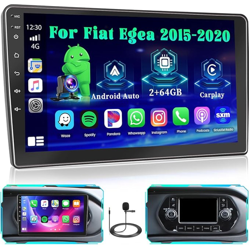 Hikity 2 + 64 GB Android 13 Car Radio Double DIN for Fiat EGEA 2015-2020 with Wireless CarPlay Android Car Mirror Link 9 Inch Touchscreen Car Radio with Navigation WiFi SWC FM RDS USB Mic Reversing