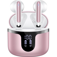 HKERR Bluetooth Headphones, Bluetooth 5.3 Stereo HiFi Headphones with Microphone 4 HD, Bluetooth Headphones 50 Hours LED Display, Touch Control, USB-C, Wireless Headphones IP7 Waterproof, Rose Gold