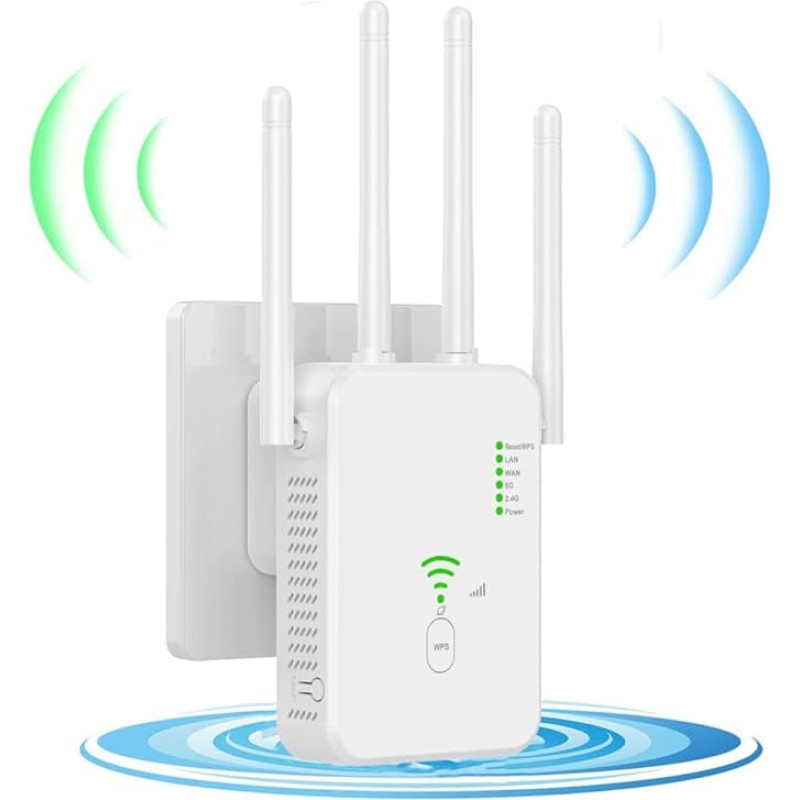 GUHUASHI 1200 Mbps WLAN stiprintuvas, WLAN kartotuvas Dviejų juostų WLAN stiprintuvas Signalo stiprintuvas su 1 LAN prievadu, 1 WAN prievadu, WPS, 3dBi x4 antenomis, suderinamas su visais WLAN įrenginiais
