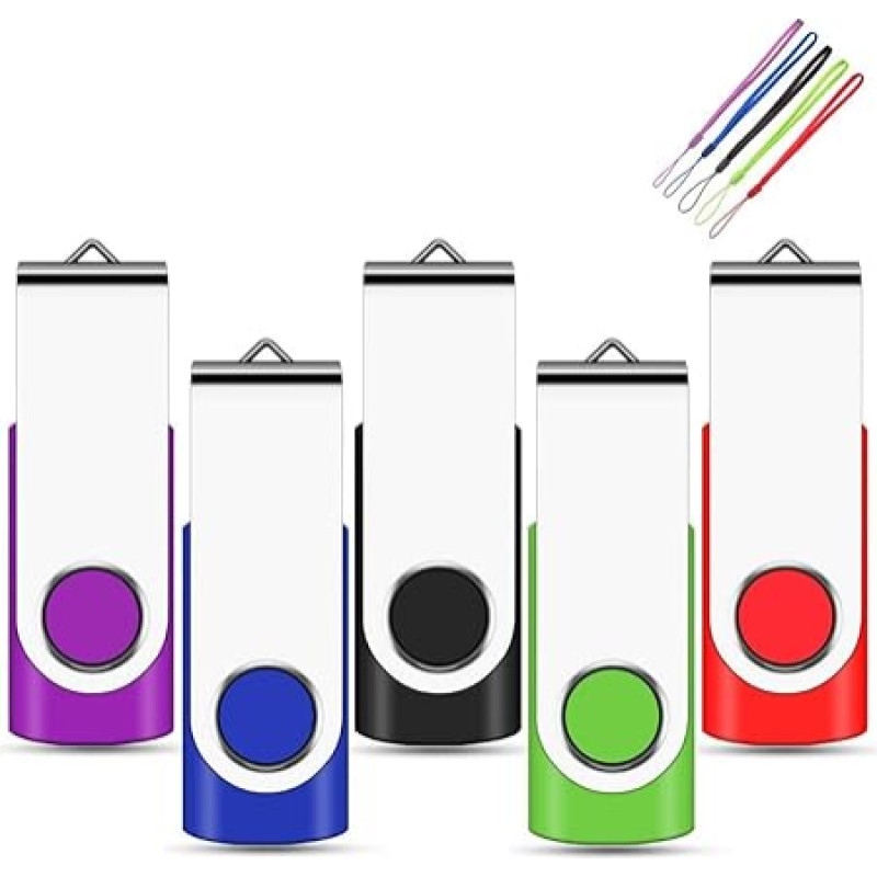 8 GB USB atmintinė 5 pakuotės, EASTBULL atminties lazdelės USB 2.0 metalinis blykstės diskas, pasukamas dizainas, sulankstomas saugojimas su 5 spalvų dirželiais