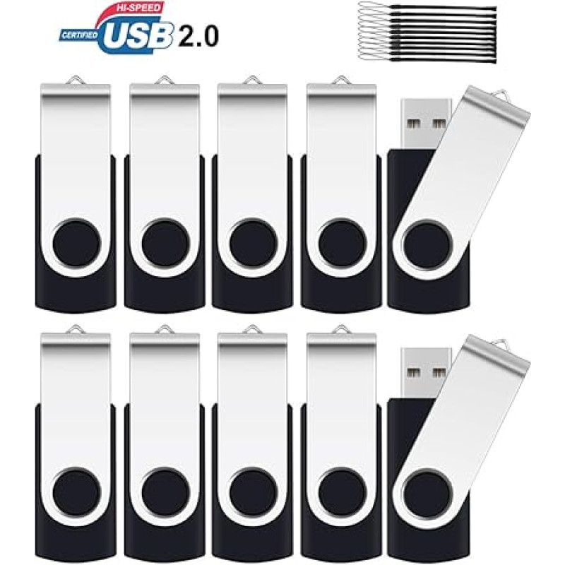 SRVR Flash Drive USB 2.0 pasukamas nykščio diskas Duomenų saugykla Jump Drive Zip Drive Atminties kortelės Išoriniai įrenginiai su LED indikatoriumi (10 juodos spalvos su dirželiu) 16 GB Pakuotė 10 vnt.