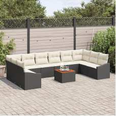 Rantry 11-teiliges Garten Sofa Set mit Kissen Schwarz Poly Rattan Akazie Gartenlounge Model3356549
