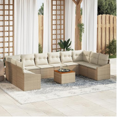 Rantry 11-teiliges Garten-Sofa-Set mit Kissen Beige Poly-Rattan Akazie Gartenlounge Modelis3347883