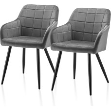 TUKAILAI Valgomojo kėdės, 2 vnt., aksomas su porankiais ir atlošu, virtuvės kėdė, minkšta kėdė, svetainės kėdė, minkšta kėdė, paminkštinta sėdynė, metalinės kojos, kėdė su porankiu, pilka