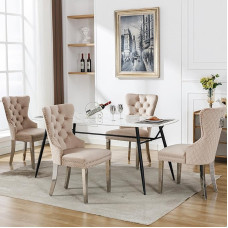 4 valgomojo kėdžių rinkinys, svetainės kėdės su unikaliu durų klaustuku ant atlošo, minkštos kėdės su vinių galvutėmis, metalinės atraminės kojos, virtuvės kėdžių užvalkalas iš aksomo (smėlio spalvos, 4 vnt.)