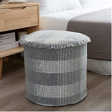 MOCOFO Decoration Pouf Cover Unfilled Round for Living Room, Cotton Woven Poufs, Ottoman Footstool (Grey, 35 x 35 x 30 cm)