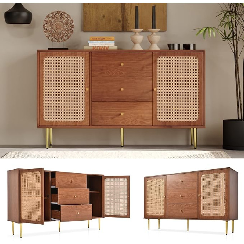 BTM komoda su 2 durelėmis ir 3 stalčiais, rotango durelių komoda su stalčiais, reguliuojama lentyna, skirta svetainei, miegamajam, riešutmedžio H 90 x W 150 x D 40 cm