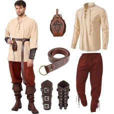 Ulikey Medieval Clothing Men's Set, Carnival Men's Renaissance Costume Set with Medieval Pirate Shirt, Medieval Trousers Viking Costume, Belt, Wrist Guards for Fancy Dress Costumes
