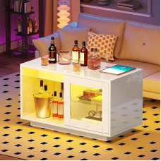 YITAHOME Kavos staliukas Baltas svetainės stalas Blizgus su LED apšvietimu Šiuolaikinis šoninis staliukas Baltas su atvira reguliuojama lentyna 80 x 40 x 45 cm