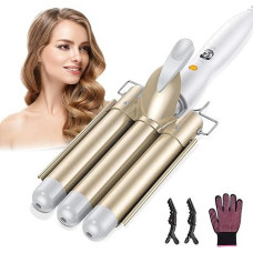 Bizcasa Curling Iron, 3 Barrels Wave Iron, 22 mm Large Wave Iron for Hair, Beach Waves Curlers, Tourmaline Ceramic Curling Iron, Quick Heating with 2 Clips and a Glove (White)