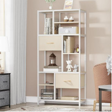 YITAHOME knygų spinta su 7 lentynomis ir stalčiais - nuo grindų iki lubų, pramoninio dizaino, plieninė lentyna svetainei, biurui, kabinetui, kabinetui, prieškambariui, virtuvei - smėlio spalvos