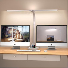 LOTTBUTY Double Head Desk Lamp LED Dimmable, 24 W 80 cm Home Office Daylight Lamp Desk Lamp, Gooseneck Office Table Lamp (White, Desktop Base with Mobile Phone Holder)