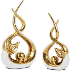 Moderne abstrakte Kunst-Keramikstatue - 2 Stück weiße und goldene Skulpturen, moderne Dekoration aus der Mitte des Jahrhunderts, elegante Tischdekoration für Esszimmer, Wohnzimmer, Büro, Eingang