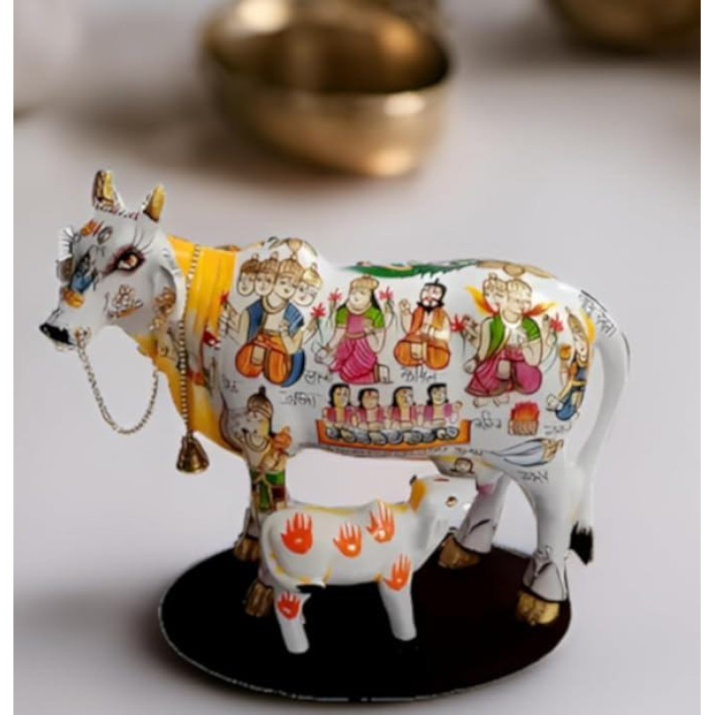 Purpledip 10103C Stabas Kamdhenu norinti karvė ir veršelis hinduistų dievai dažyti laimingas statula