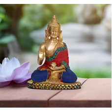 Purpledipo dievo Budos statulėlė iš masyvaus žalvario metalo su turkio spalvos brangakmeniu Buda Vitarka mudra pamokslaujančia forma (10512)