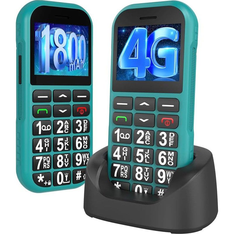 CHAKEYAKE 4G senjorų mobilusis telefonas be sutarties su dideliais mygtukais, 1800 mAh ilgas budėjimo režimas Pensininkų senjorų mobilusis telefonas Didelis mygtukinis mobilusis telefonas su USB-C, SOS funkcija, žibintuvėlis, įkrovimo stotelė