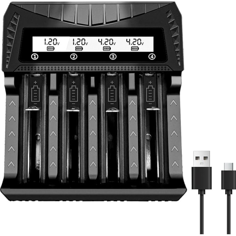 AA AAA 18650 baterijų įkroviklis, 4 lizdų išmanusis universalus įkroviklis su LCD ekranu, skirtas greitam 26650 21700 16340 14500 18350 18500 AA AAA (tik įkroviklis)
