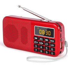 PRUNUS J-725 FM Radio Small, Digital Radios Alarm Clock, Radio Battery Operated with 3000 mAh Rechargeable Battery, USB/SD/TF/AUX Player, Suitcase Radio with Emergency Light (Red)