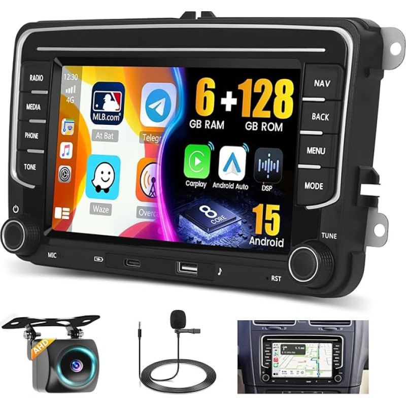 8 branduolių 6G + 128G DSP Hikity Android 15 automobilinis radijas VW Golf 5 6 Passat Tiguan Polo Caddy Seat, 7 colių jutiklinio ekrano automobilinis radijas su belaidžiu CarPlay Android Car GPS WiFi RDS/FM BT 59UI tipas CSWC Mic Cam