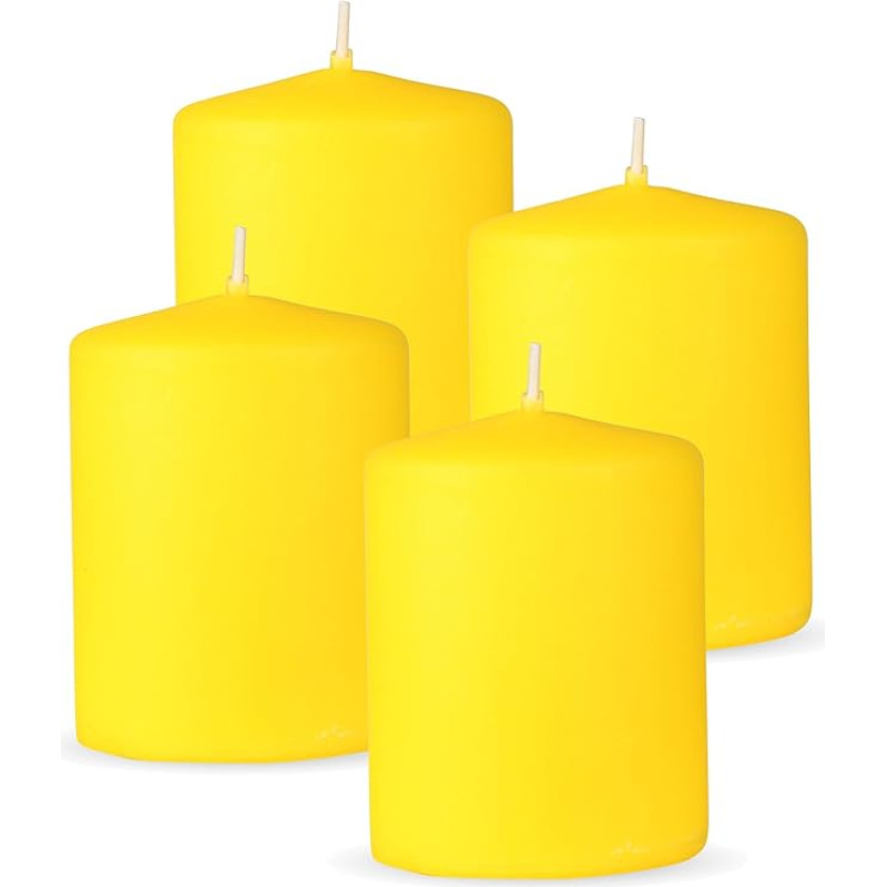 HS Candle Pillar Candles Pakuotė iš 4 geltonos spalvos Dydžio skersmuo 7 x 8 cm Vaškinės žvakės Ilgas degimo laikas iki 20 valandų Nekvepiančios stulpinės žvakės Daug spalvų / dydžių