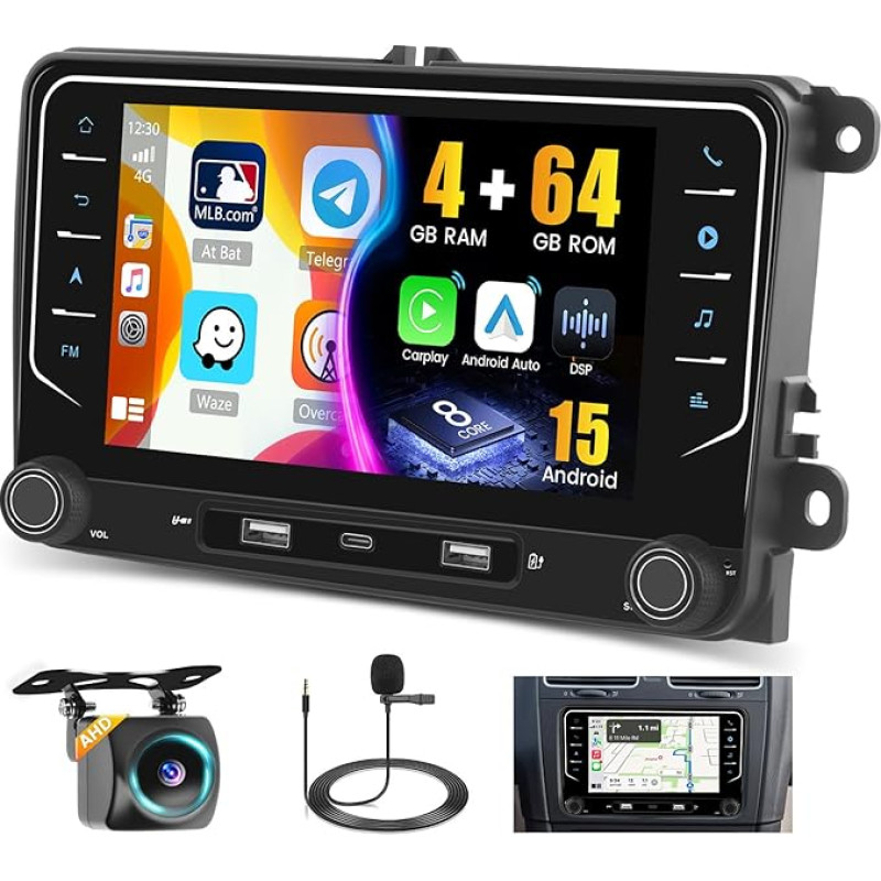 Hikity 8 Core/4+64G Android 15 automobilinis radijas VW Golf 5 6 Tiguan Caddy Polo Touran su belaidžiu CarPlay Android automobilinis 7 colių jutiklinis ekranas GPS 59UI DSP SWC FM/RDS radijas WiFi 3USB ir Type-C + kamera + mikrofonas