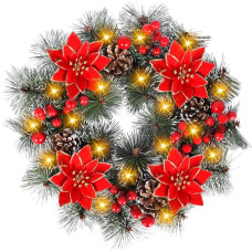 PQETBV Kalėdų girlianda, 30 cm durų vainikas Kalėdos su raudonomis gėlėmis ir pušų spurgomis, skirtas Kalėdoms, durims, medžiams, sienoms, langams, Kalėdų dekoracijos šventėms, advento durims