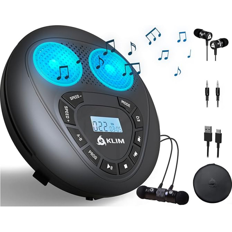 KLIM Speaker CD grotuvas su garsiakalbiu + Wiederaufladbarer Akku + Tragbarer CD-Spieler mit Kopfhörern + SD + AUX + Idealer Auto-CD-Spieler(Generalüberholt)