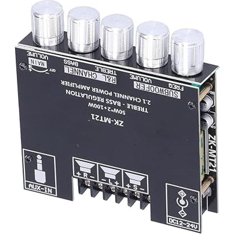 Skaitmeninis galios stiprintuvo modulis 2.1 didelio našumo garso komponentų stiprintuvas garsiakalbiui 20-100 W - AUX+ įvestis, kairysis dešinysis kanalas + žemų dažnių garsiakalbio išvestis, DC12-24V/5