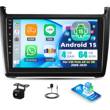 Android 15 4+64G 9 colių IPS 1280 x 720P jutiklinis ekranas, skirtas VW Polo 6R 6C 9N 2008-2020, Carplay, Android Car, Bluetooth, GPS, WiFi, 32EQ, galinio vaizdo kamera