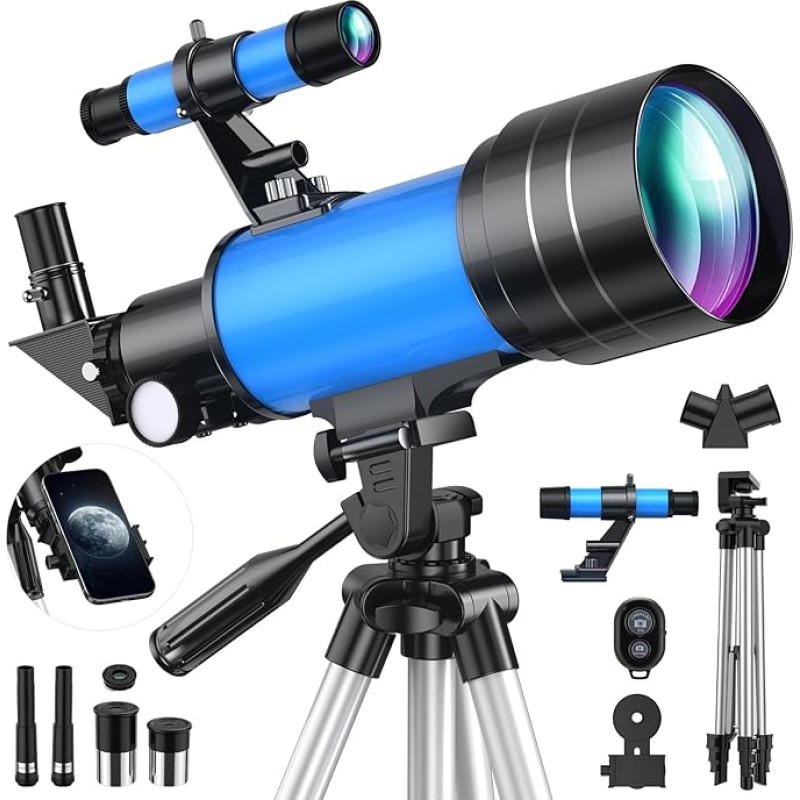 Astronomijos teleskopas vaikams ir suaugusiesiems, 70 mm diafragmos 400 mm nešiojamasis teleskopas Astronominis refraktorius su trikoju, Mėnulio filtru ir telefono adapteriu