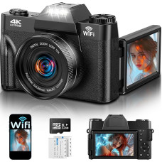 4K 75MP skaitmeninis fotoaparatas su WLAN ir 180° apverčiamu 3,0 colių ekranu, automatinio fokusavimo vaizdo dienoraščio kamera su 2 x 1500 mAh baterijomis, 32 GB atminties kortele, kompaktiškas fotoaparatas vaikams, suaugusiesiems, senjorams ir pradedant