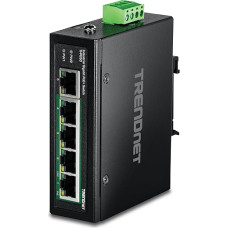 TRENDnet TI-PG50 5 prievadų nevaldomas tvirtas pramoninis gigabitinis komutatorius, TI-PG50, 10/100/1000 Mbps, DIN bėgelis, 4 Gigabit PoE+ prievadai, 1 Gigabit prievadas